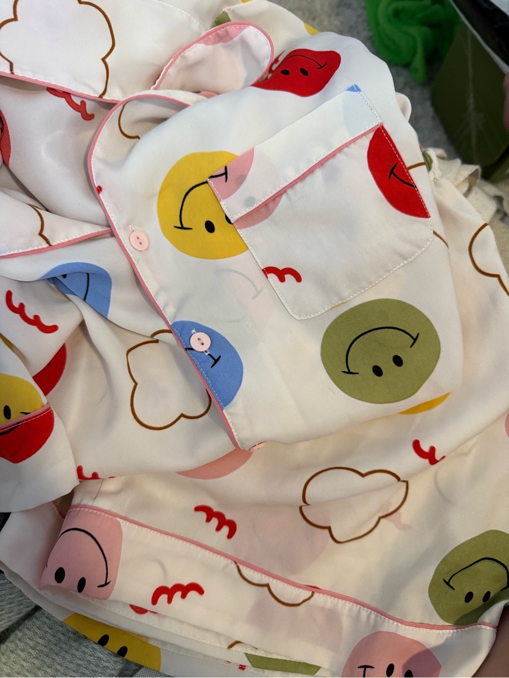 Smiley Face Printed Pajama Set - White with Multicolor Smiles